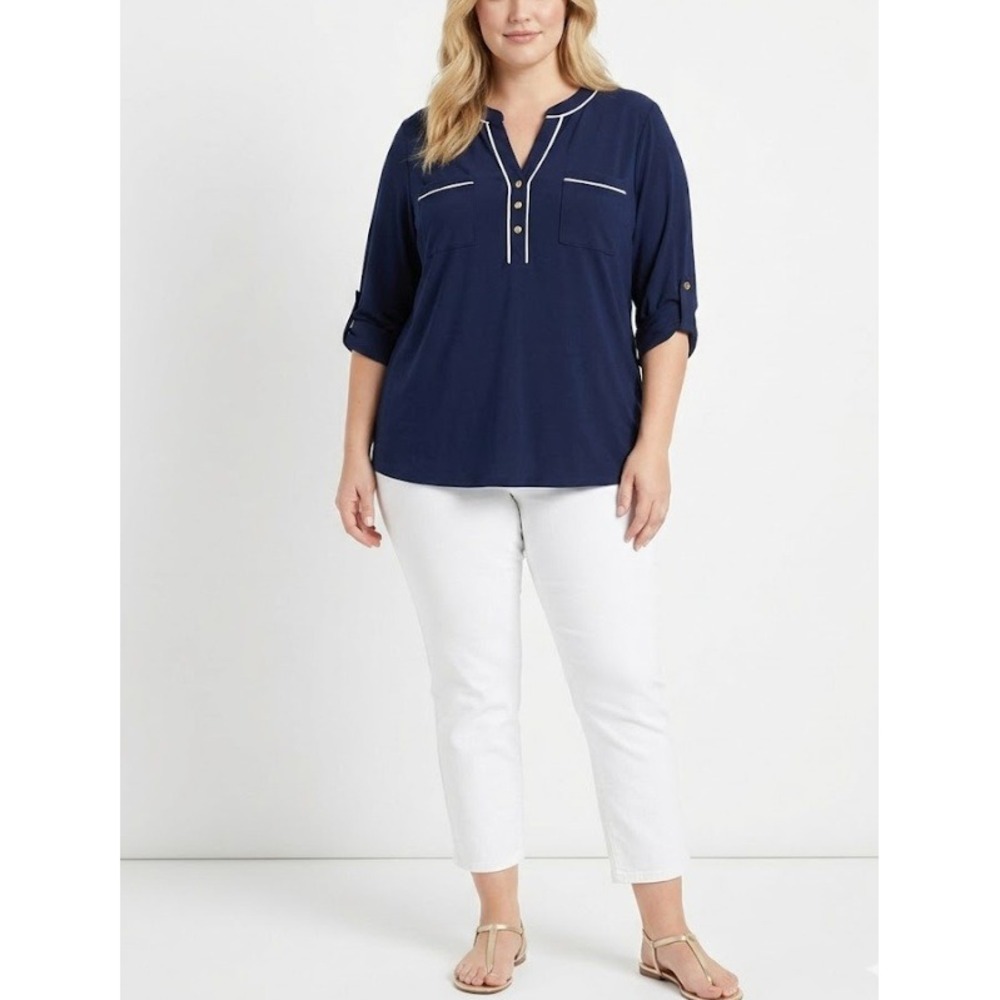 Anne Klein Top XL Navy White Contrast Trim Roll Tab Sleeve Stretch Knit Blouse